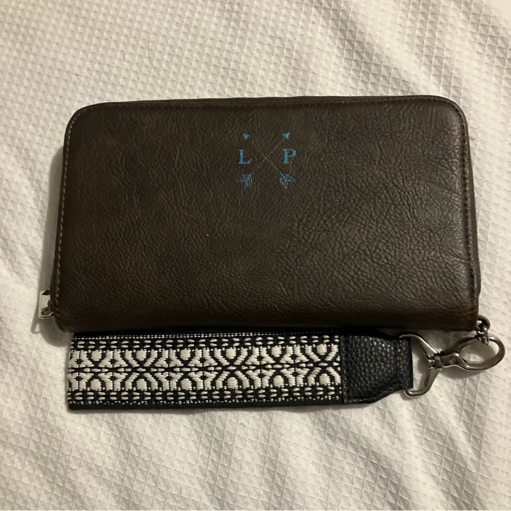 Jewell wristlet wallet for women flux leather brown with LP initials